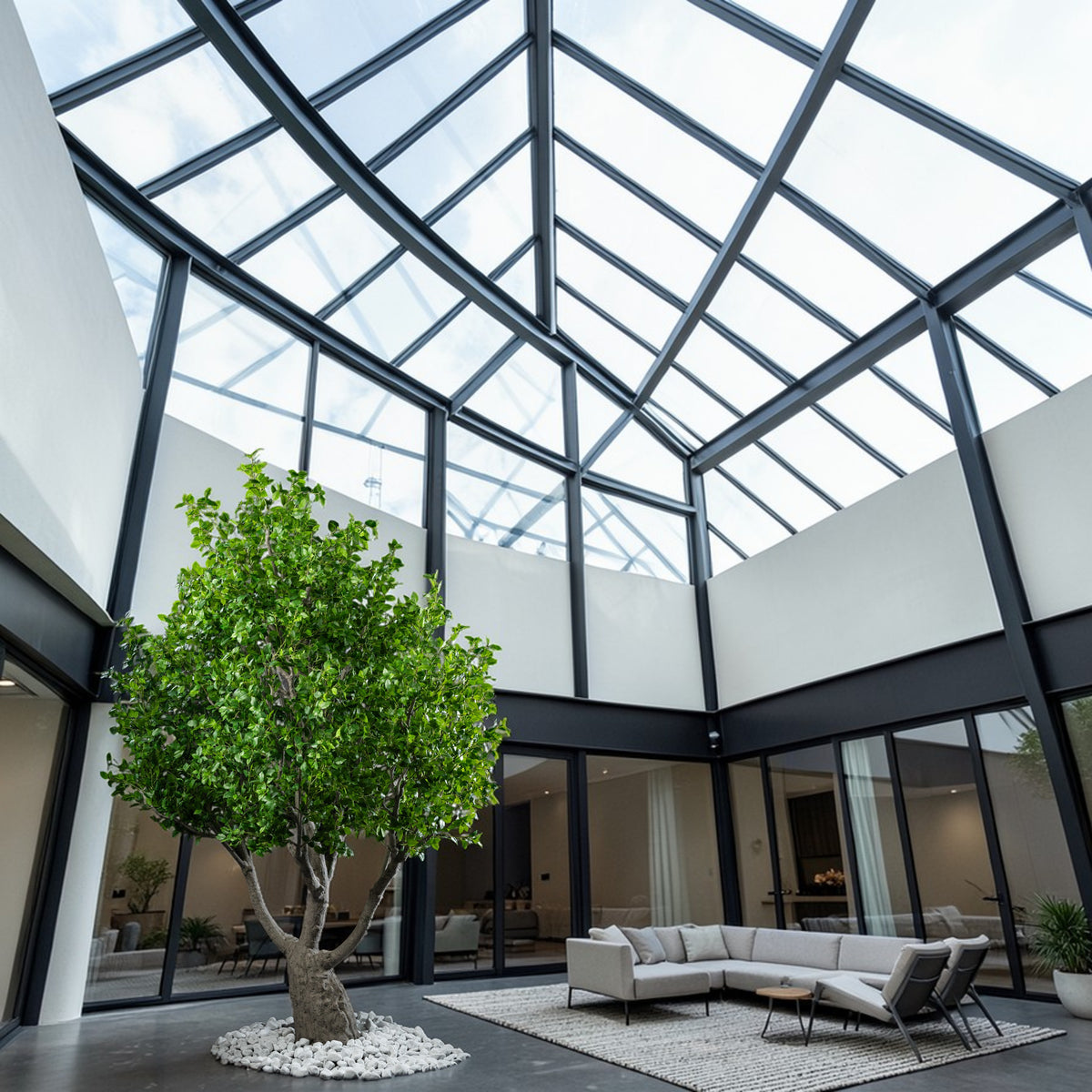 Arbre japonais artificiel Ficus 280 cm en mise en scène salon — décoration intérieure réaliste