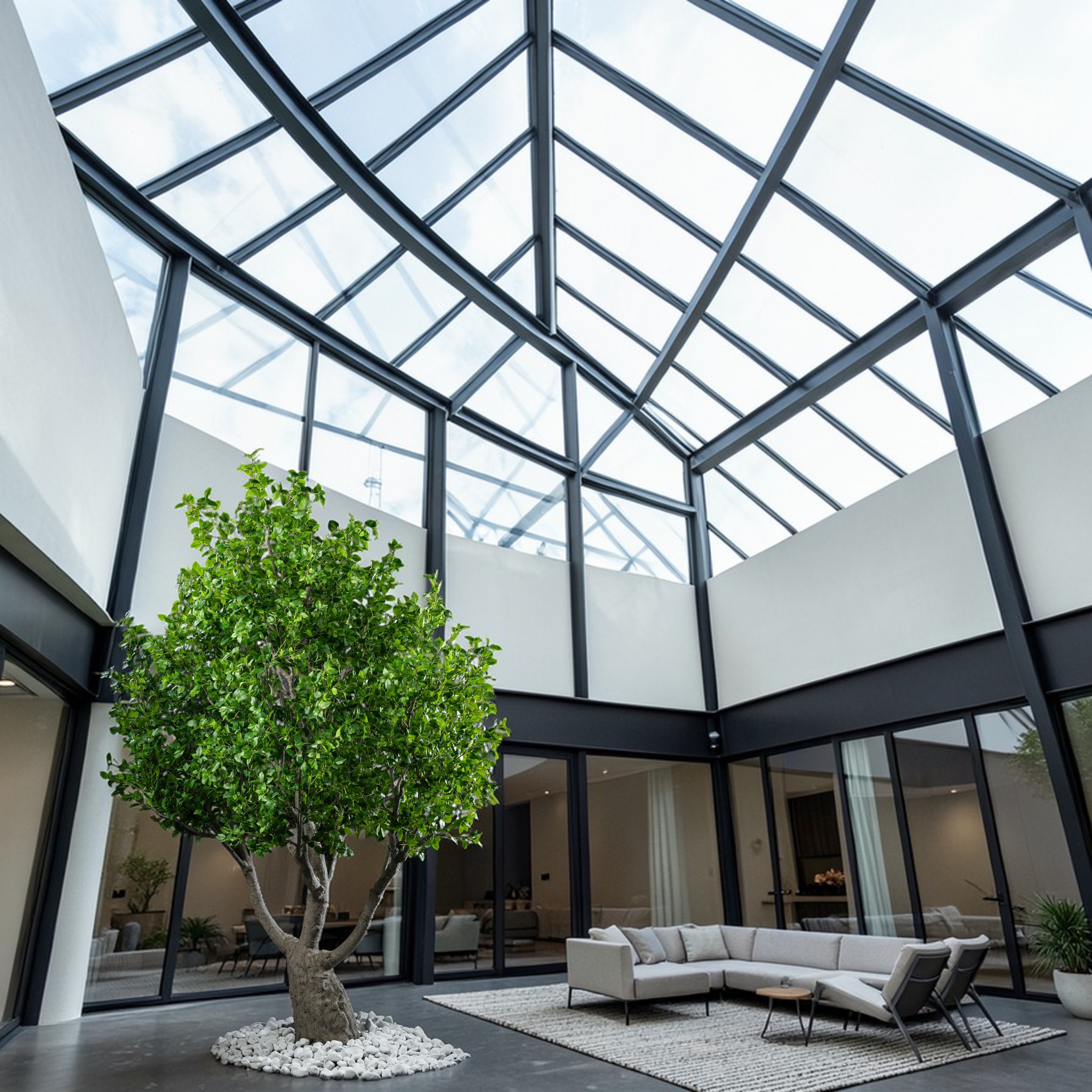 Arbre japonais artificiel Ficus 280 cm en mise en scène salon — décoration intérieure réaliste