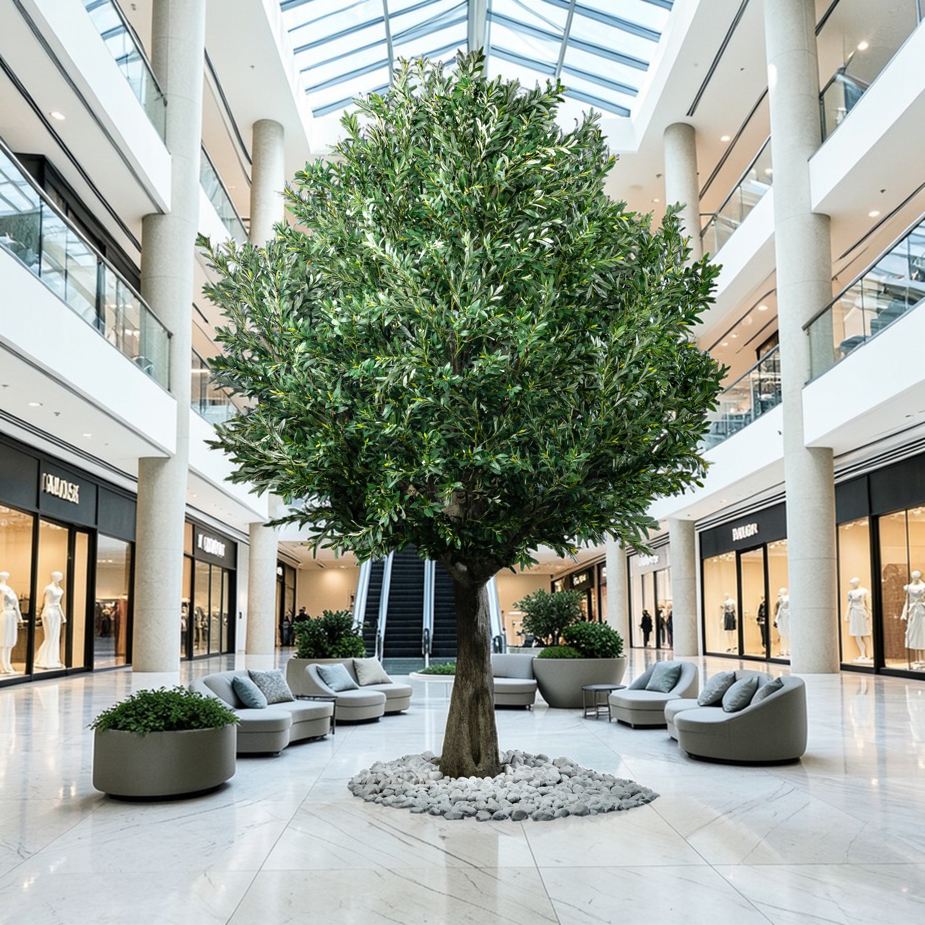 Arbre Japonais Olivier en mise en scène salon — bonsaï artificiel idéal pour décoration intérieure moderne