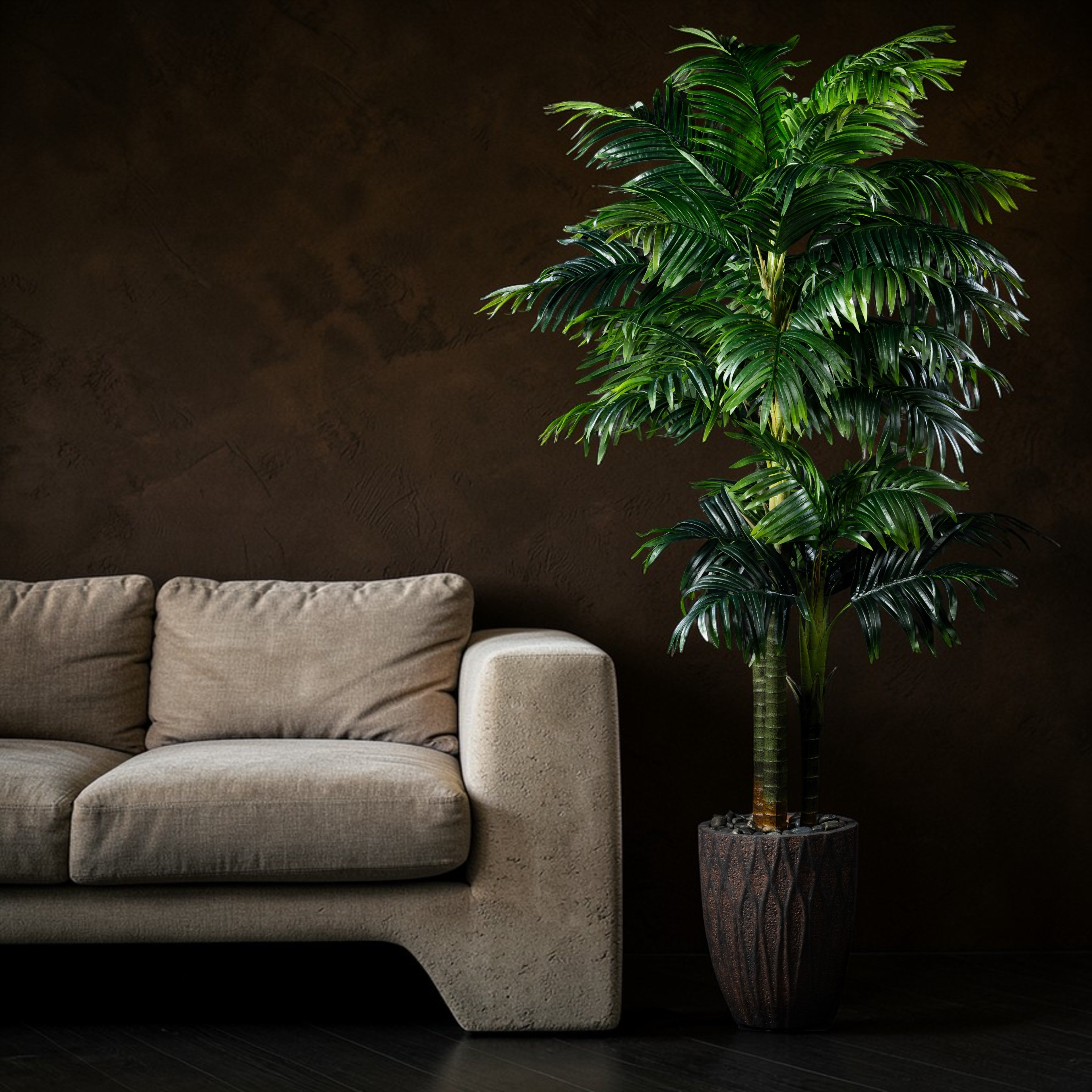 Palmier artificiel Areca Catechu 250 cm en mise en scène salon — décoration intérieure réaliste