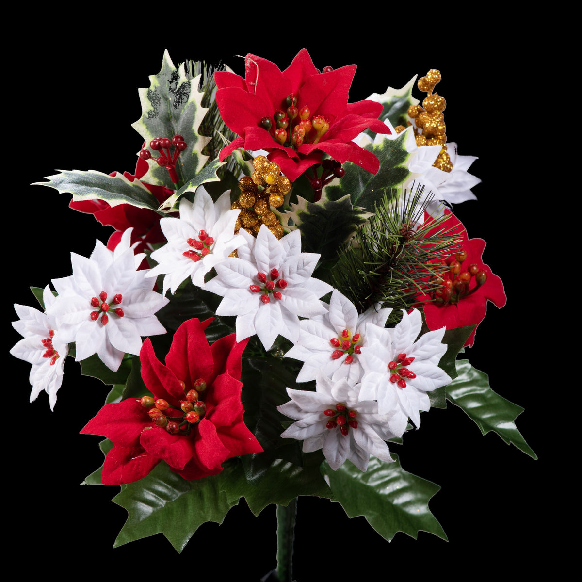 Bouquet d’étoiles de Noël artificielles rouges et blanches 34 cm, vue d’ensemble avec houx et baies