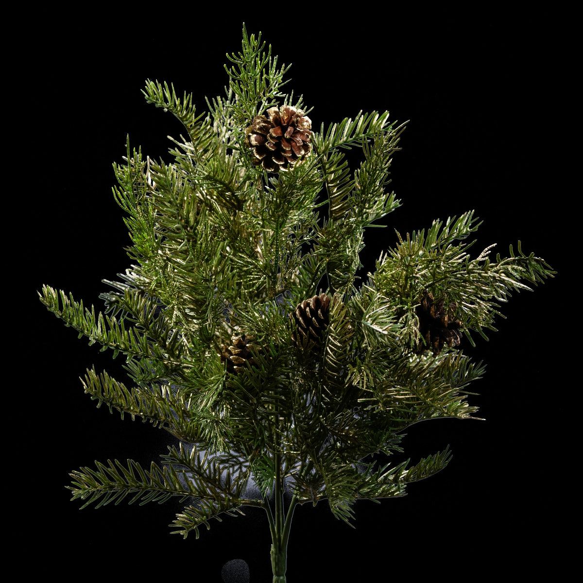 Bouquet de sapin de Noël artificiel vert et or 50 cm avec pommes de pin, vue d’ensemble