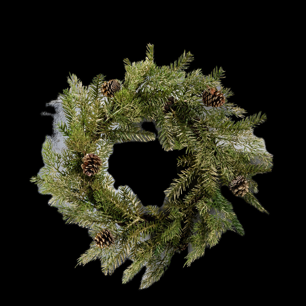 Couronne de Noël artificielle en sapin vert et or 45 cm avec pommes de pin, vue de face