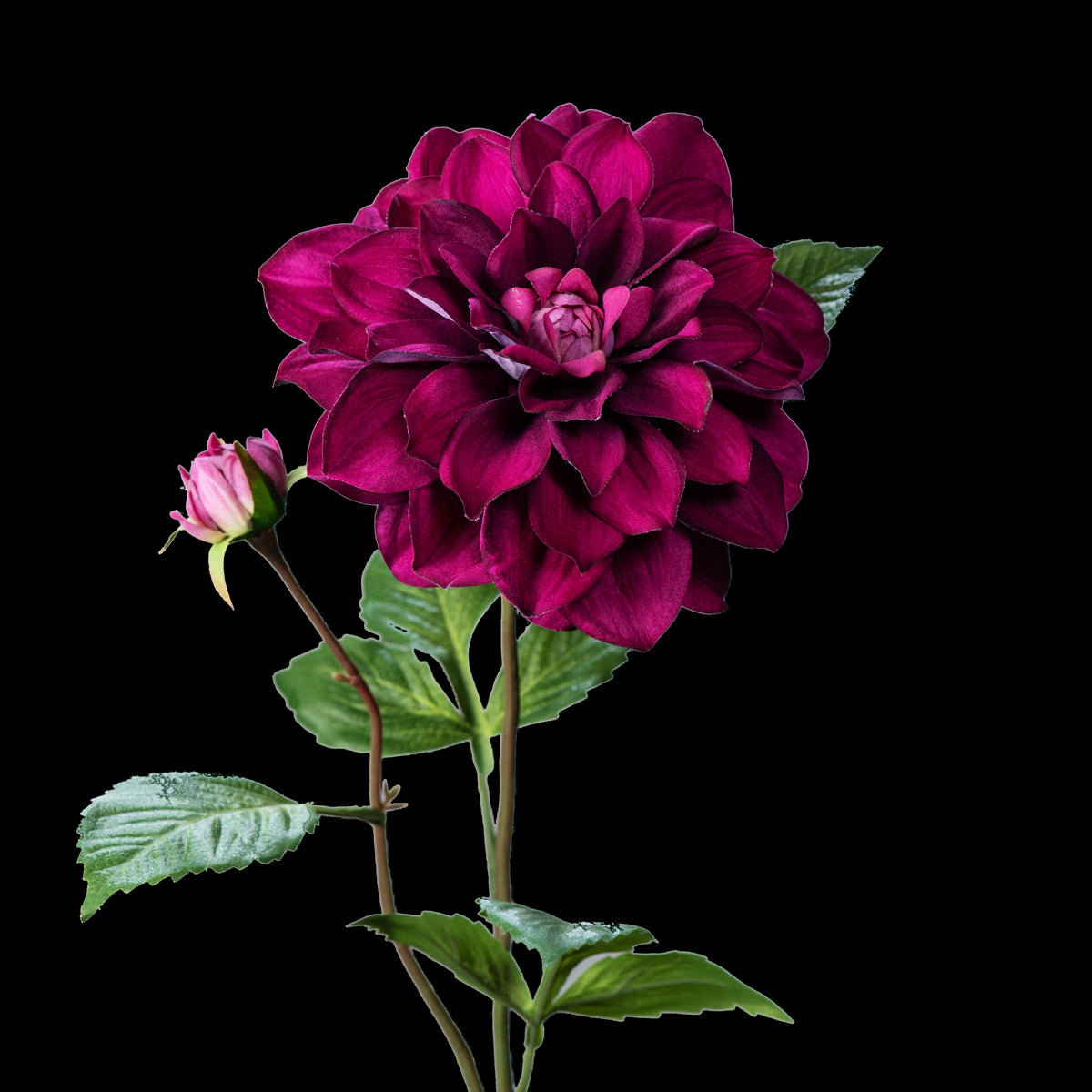 Dahlia artificiel en velours pourpre 70 cm, tige entière avec fleur, bouton et feuilles