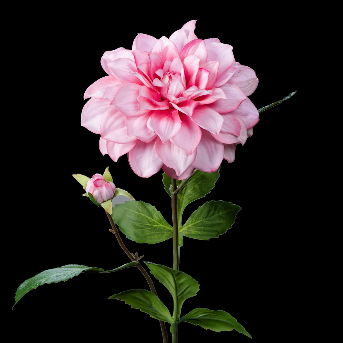 Dahlia artificiel en velours rose 70 cm, tige avec fleur, bouton et feuilles