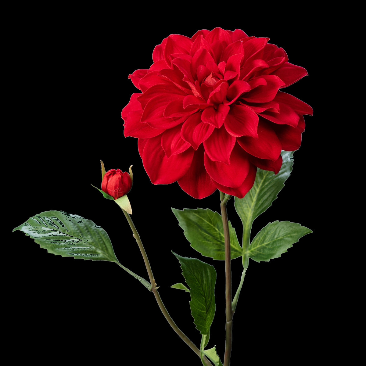 Dahlia artificiel en velours rouge 70 cm, tige avec fleur, bouton et feuillage