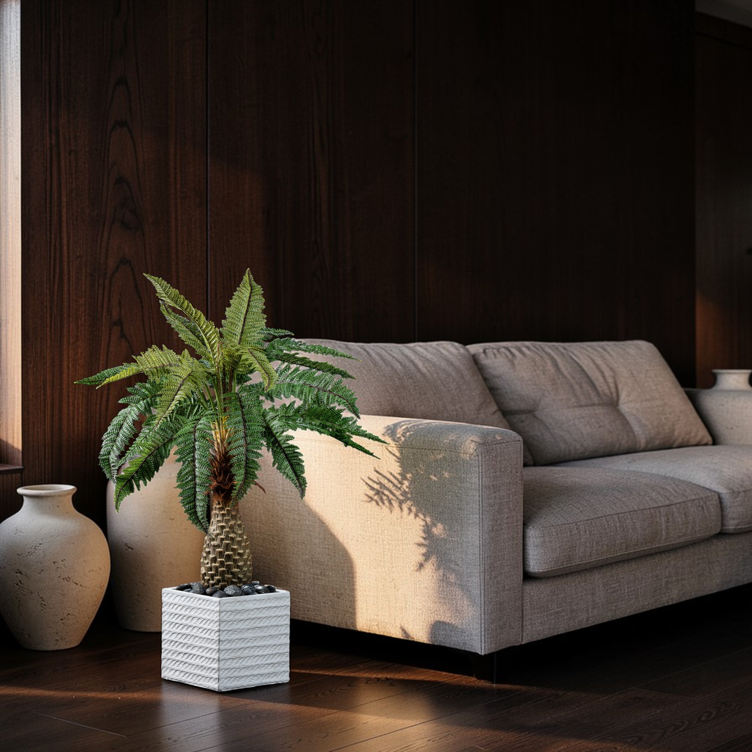 Palmier fougère artificiel Dicksonia tronc 110 cm en mise en scène salon — décoration intérieure réaliste