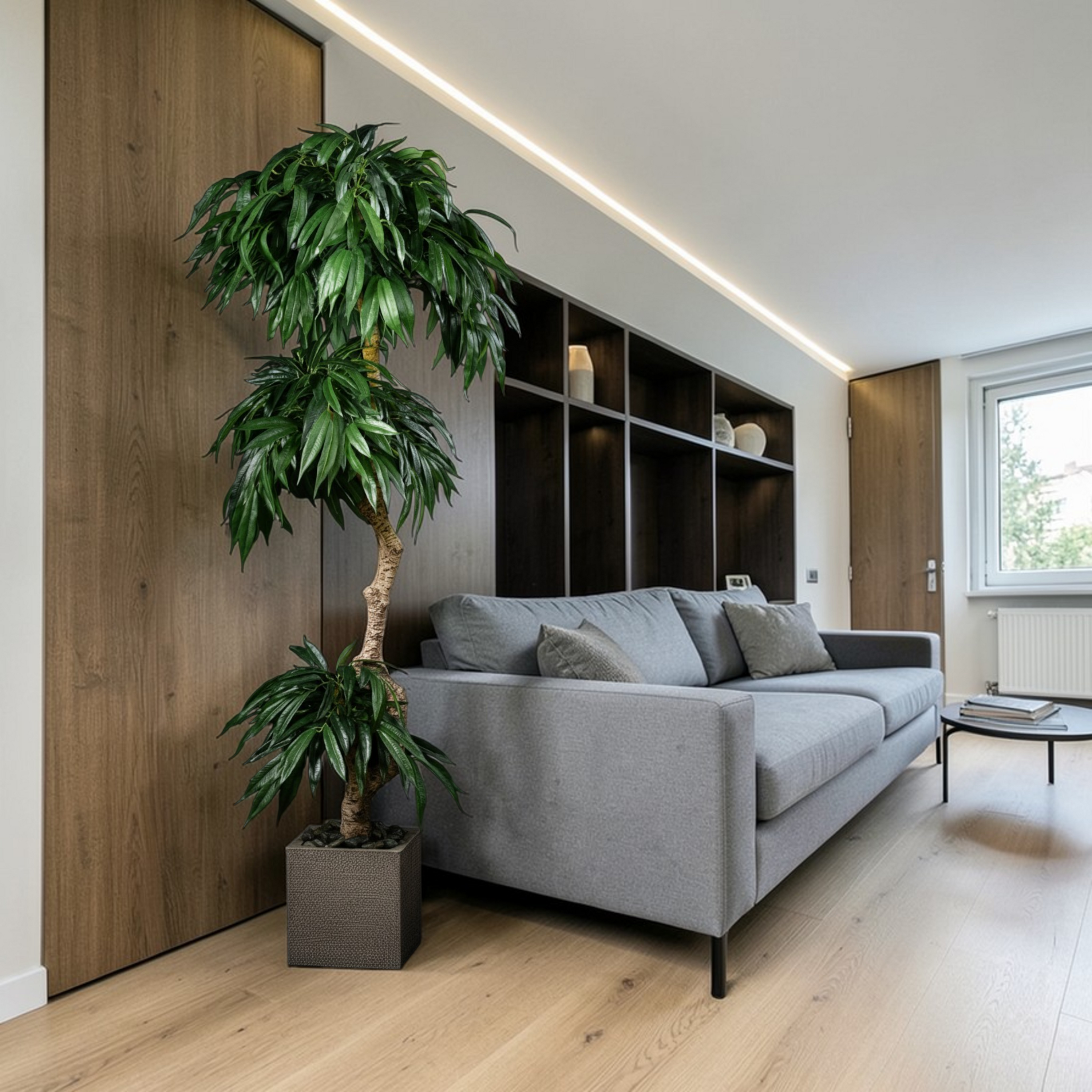 Plante artificielle Ficus Amstel 70 cm en mise en scène salon — décoration intérieure réaliste