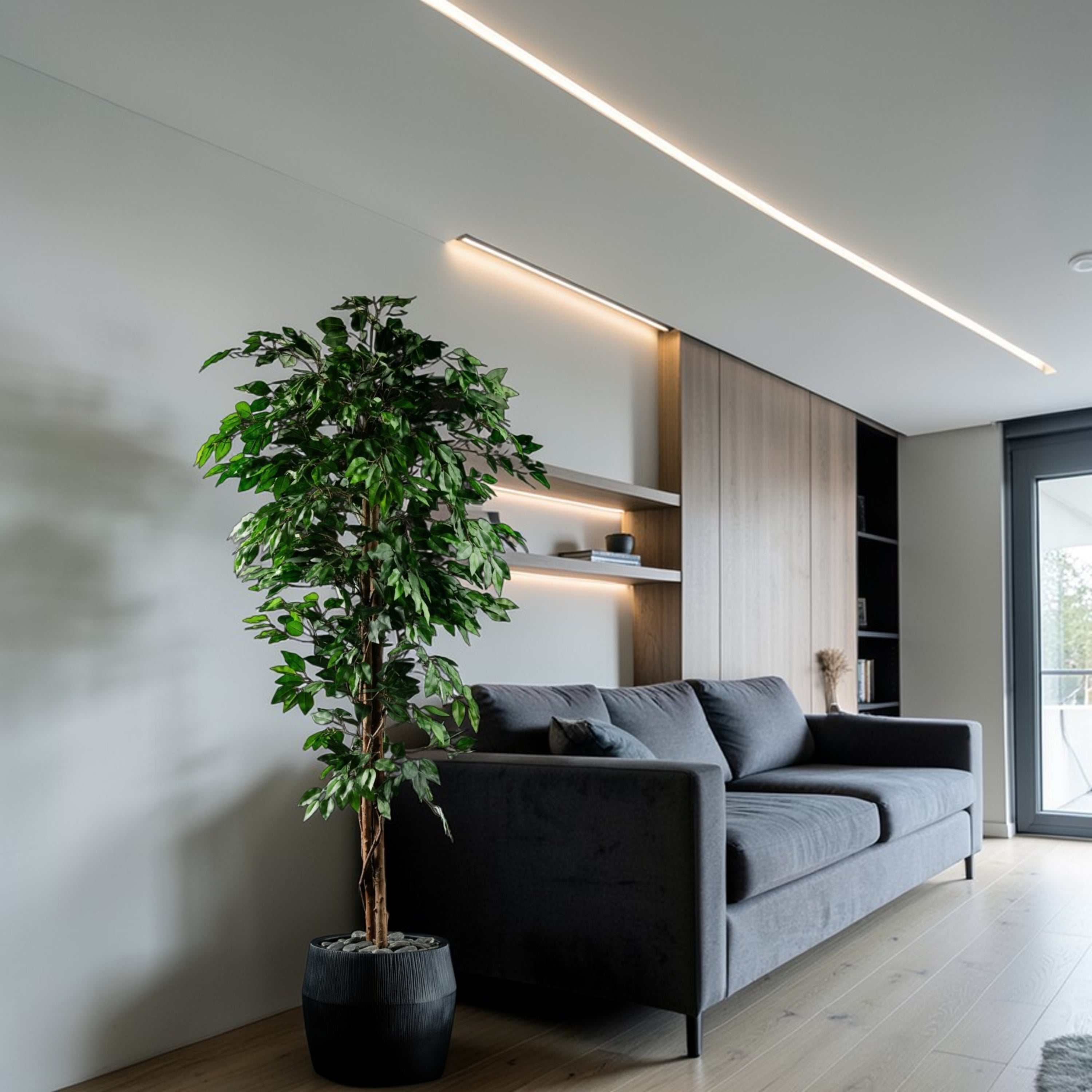 Plante artificielle Ficus Benjamina 180 cm en mise en scène salon — décoration intérieure réaliste
