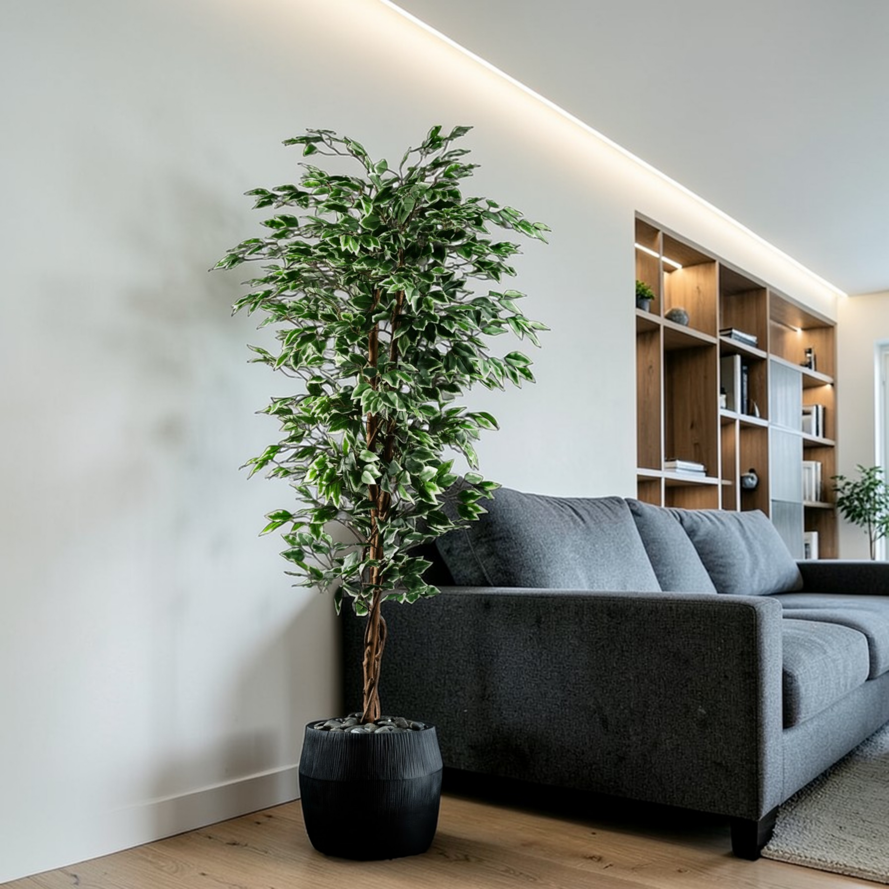 Plante artificielle Ficus Benjamina 180 cm en mise en scène salon — décoration intérieure réaliste