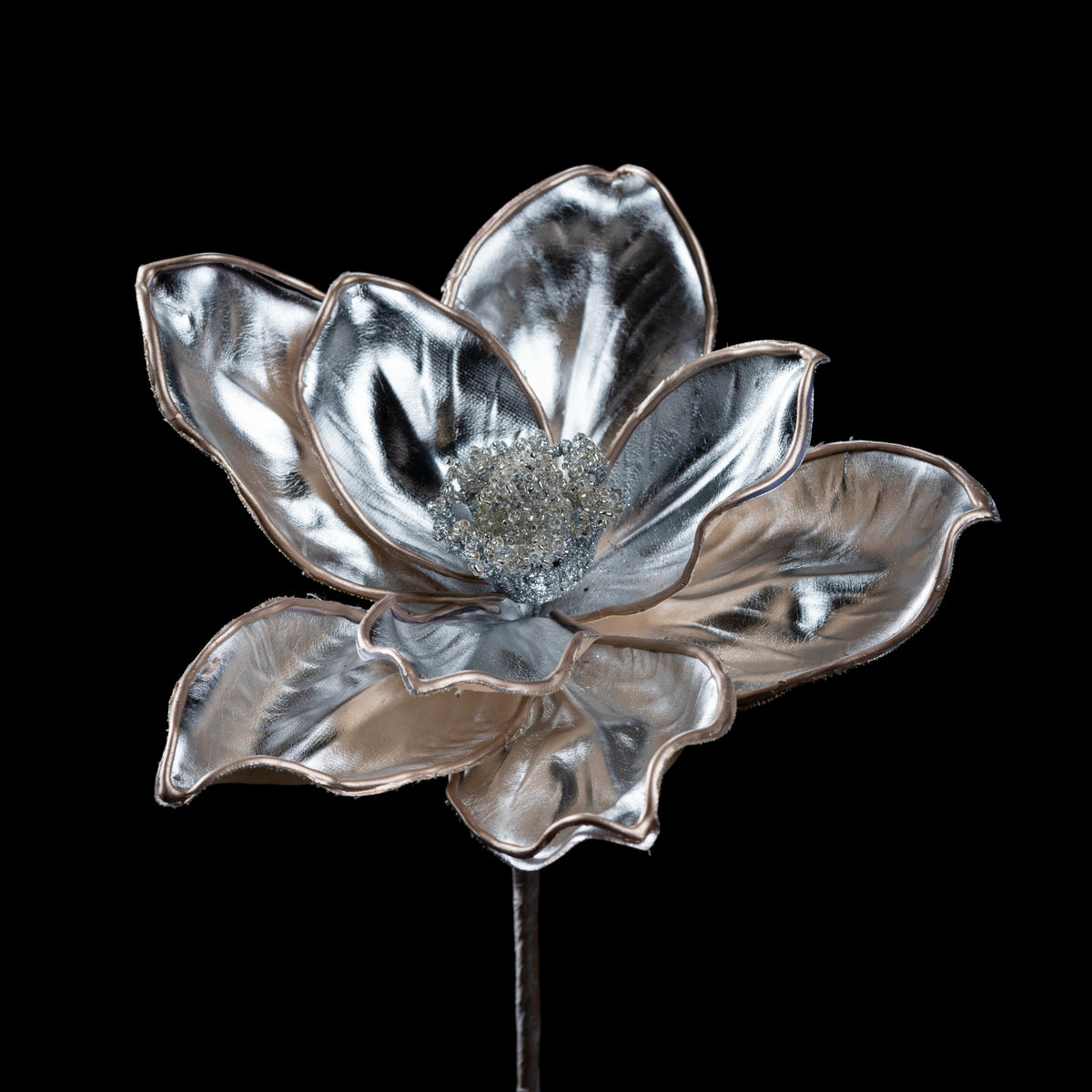 Magnolia artificiel argenté métallisé 77 cm, grand modèle, fleur ouverte au liseré champagne