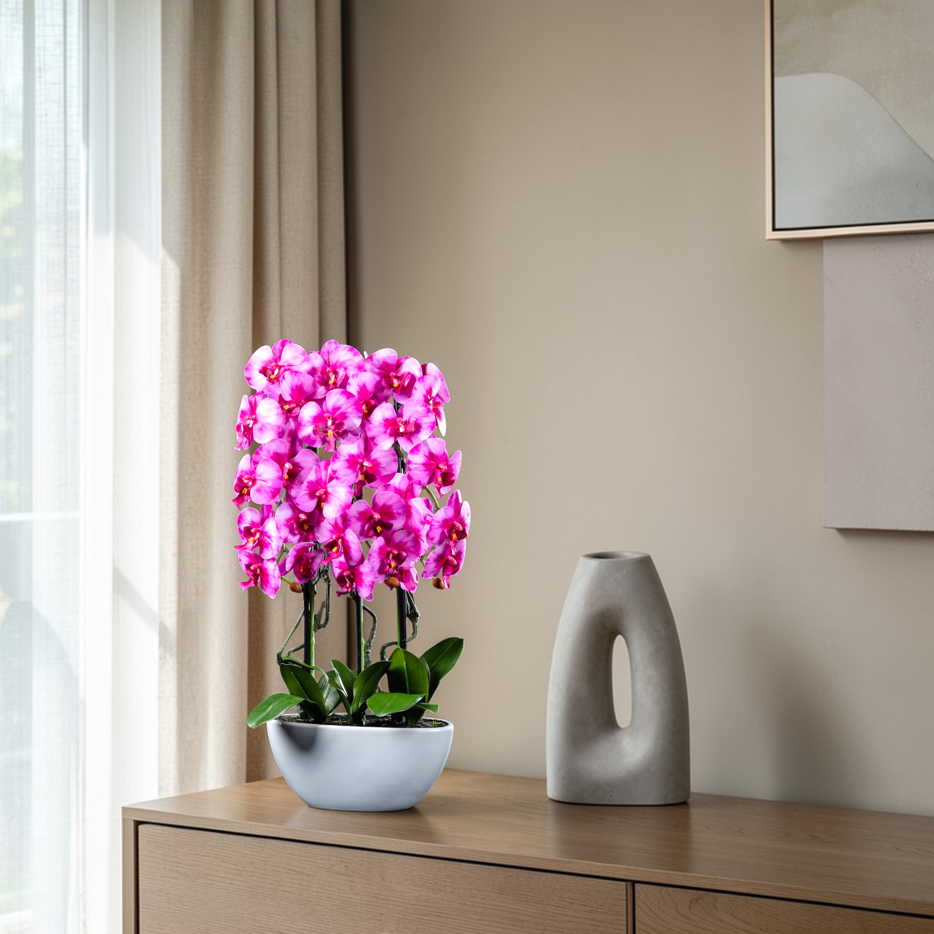 Orchidée artificielle 76 cm en mise en scène salon — décoration intérieure réaliste