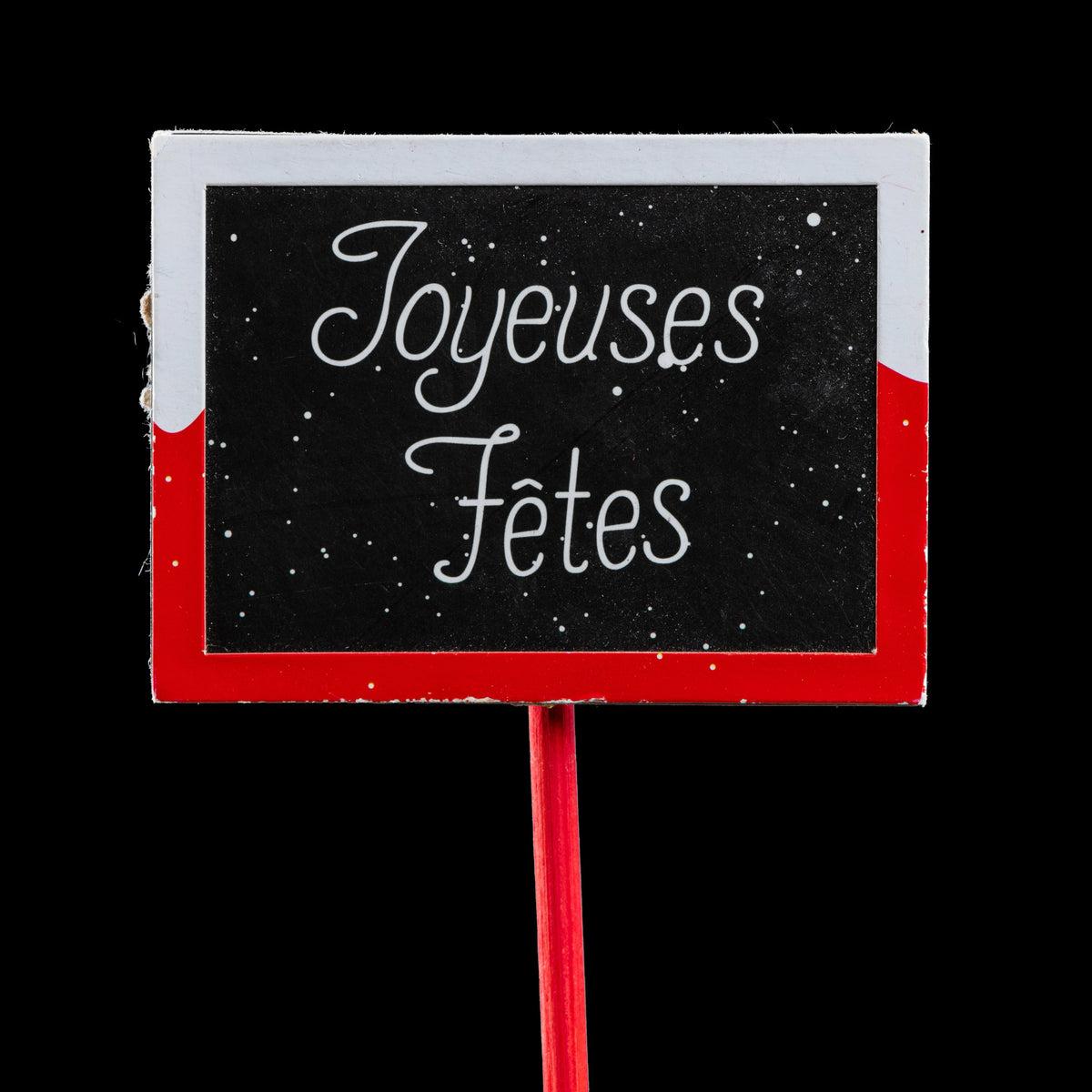 Pic de Noël petite ardoise Joyeuses Fêtes 7 cm, cadre blanc et rouge sur tige rouge