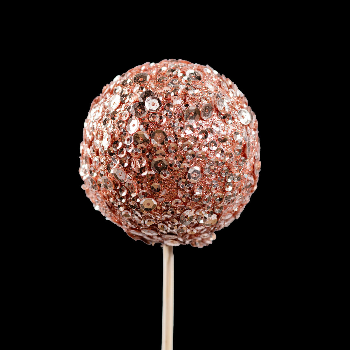 Pic de Noël en bois boule pailletée 6 cm, coloris rose cuivré