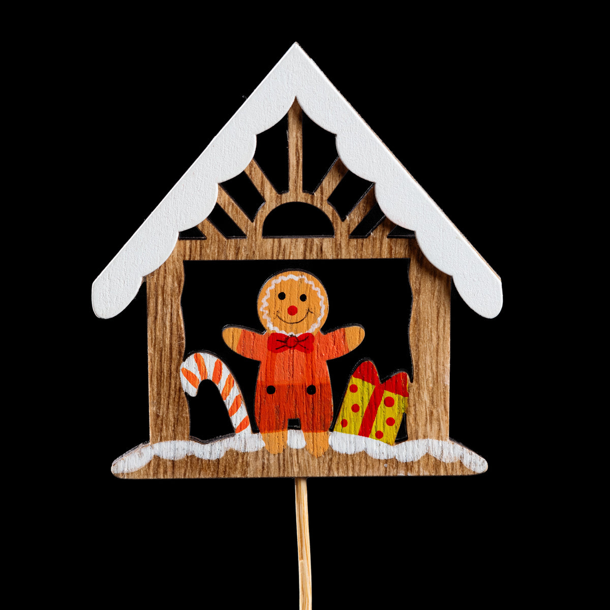 Pic de Noël en bois chalet enneigé 7 cm, bonhomme en pain d’épices, sucre d’orge et cadeau