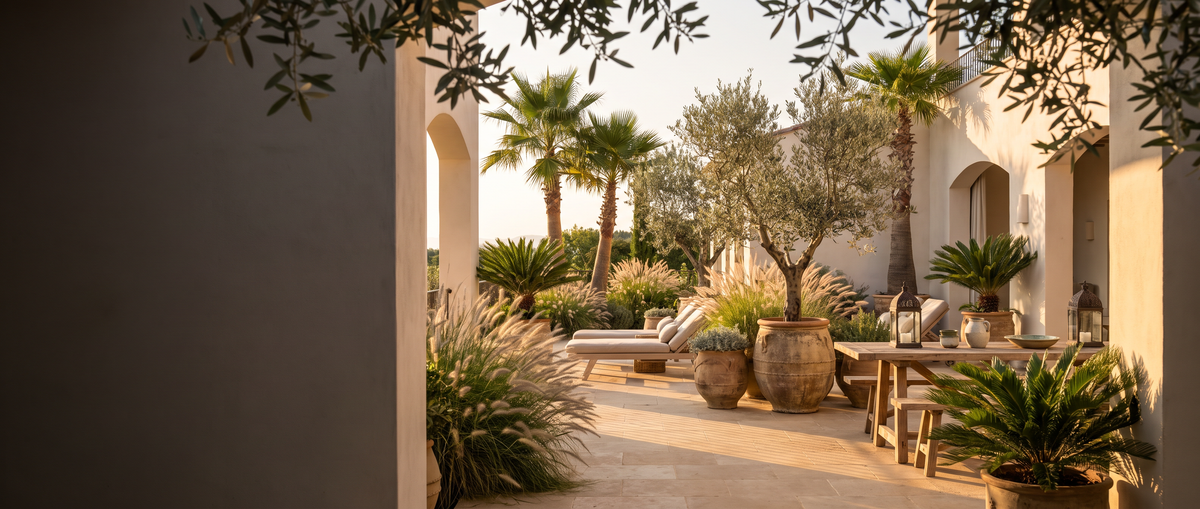 Terrasse méditerranéenne avec oliviers en jarres de terre cuite, graminées, palmiers et cycas artificiels