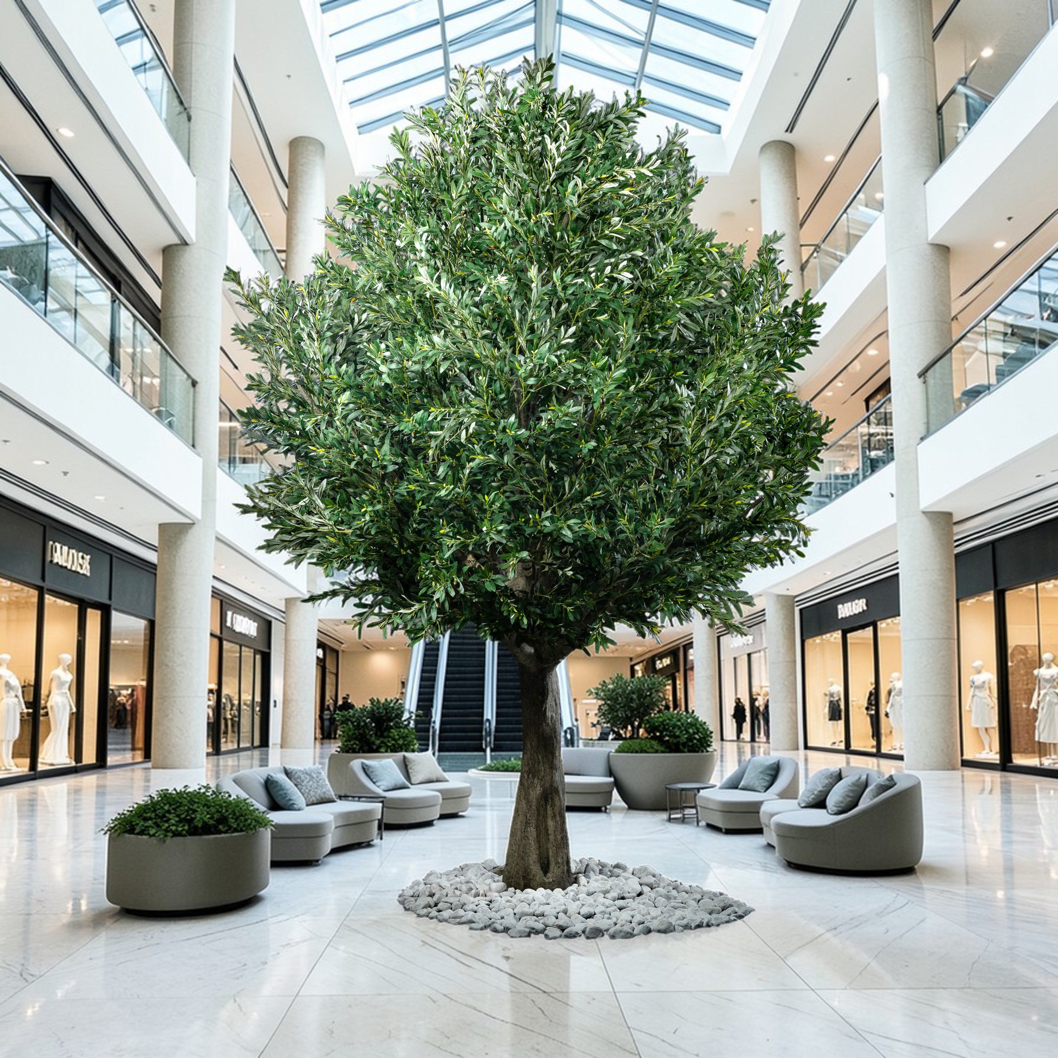 Arbre Japonais Olivier en mise en scène salon — bonsaï artificiel idéal pour décoration intérieure moderne