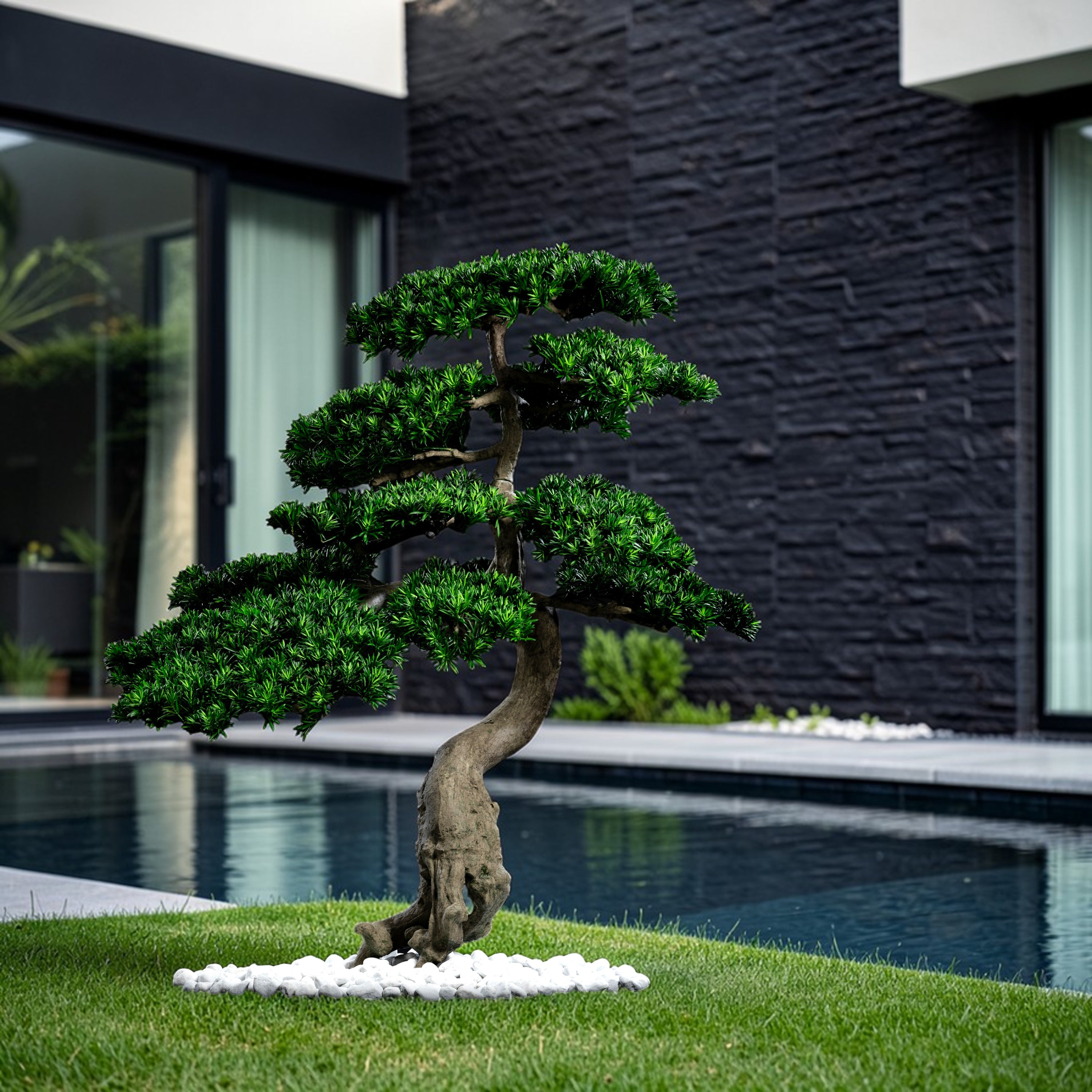 Arbre japonais artificiel Pin nuage 180 cm en mise en scène salon — décoration intérieure réaliste