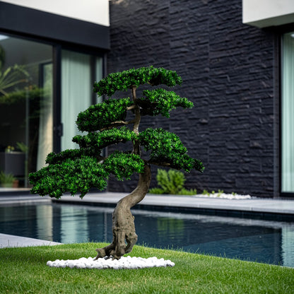 Arbre japonais artificiel Pin nuage 180 cm en mise en scène salon — décoration intérieure réaliste