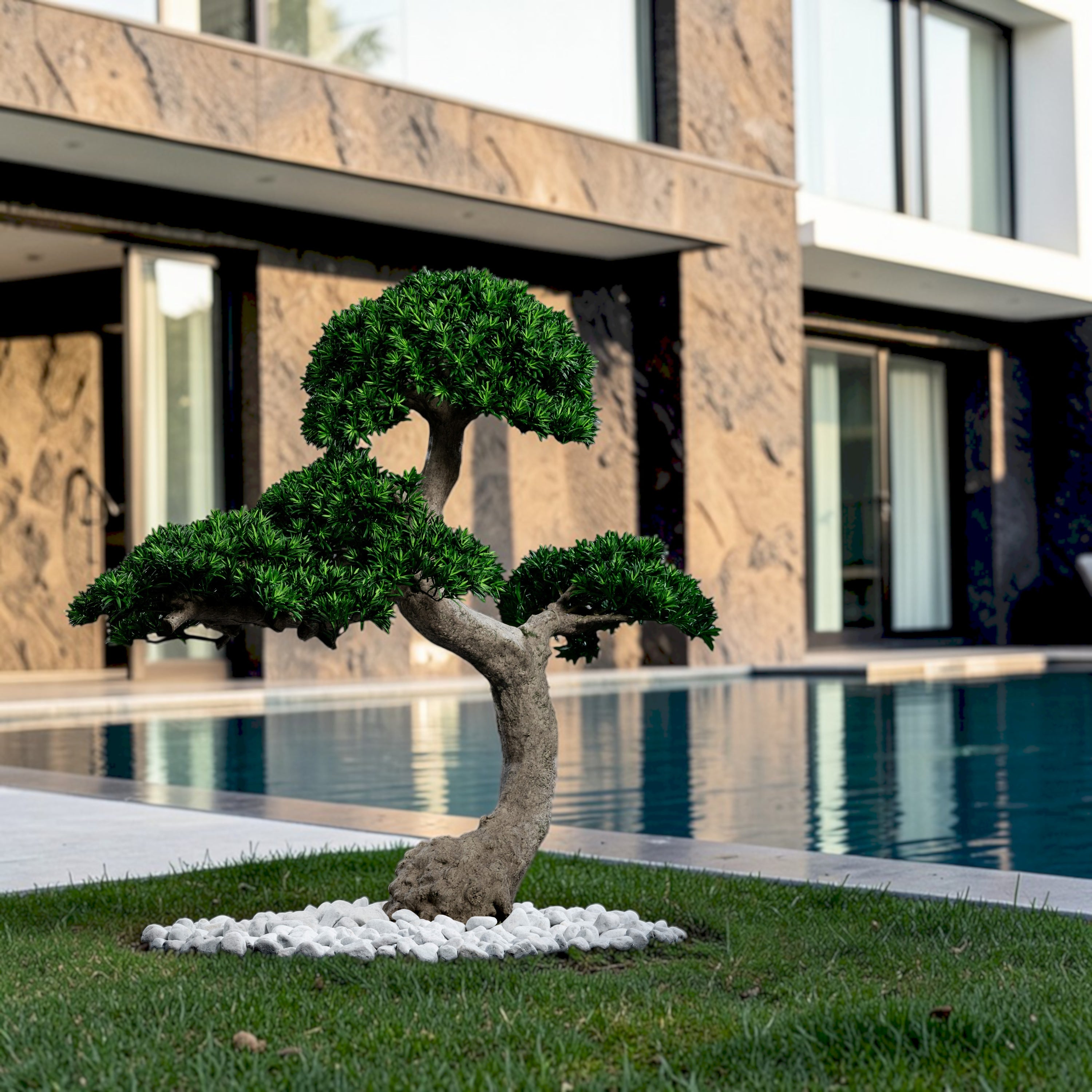 Arbre japonais artificiel Pin nuage 135 cm en mise en scène salon — décoration intérieure réaliste