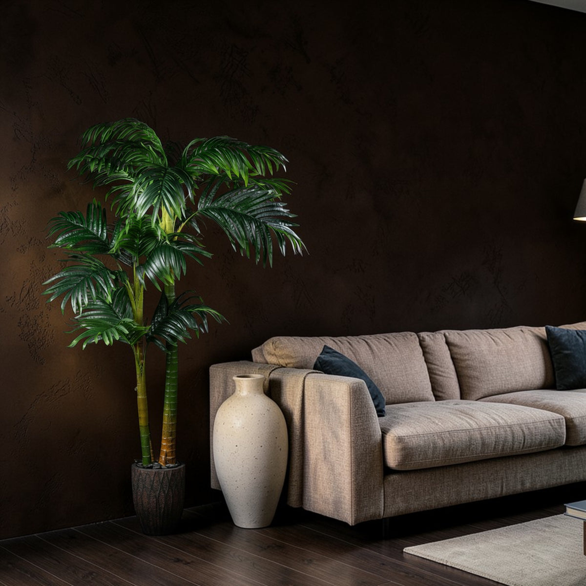 Palmier artificiel Areca Catechu 190 cm en mise en scène salon — décoration intérieure réaliste