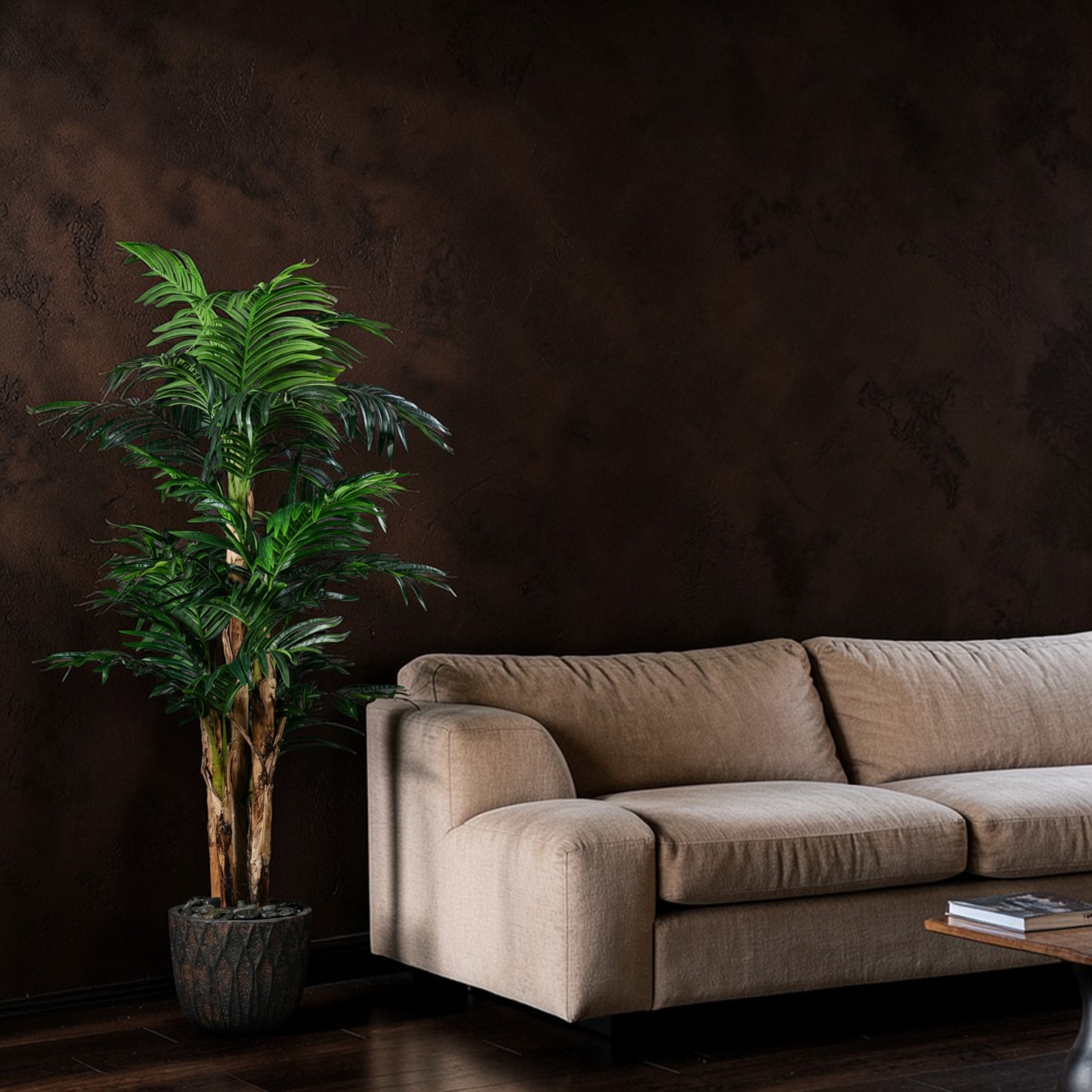 Palmier artificiel Areca Concinna 170 cm en mise en scène salon — décoration intérieure réaliste