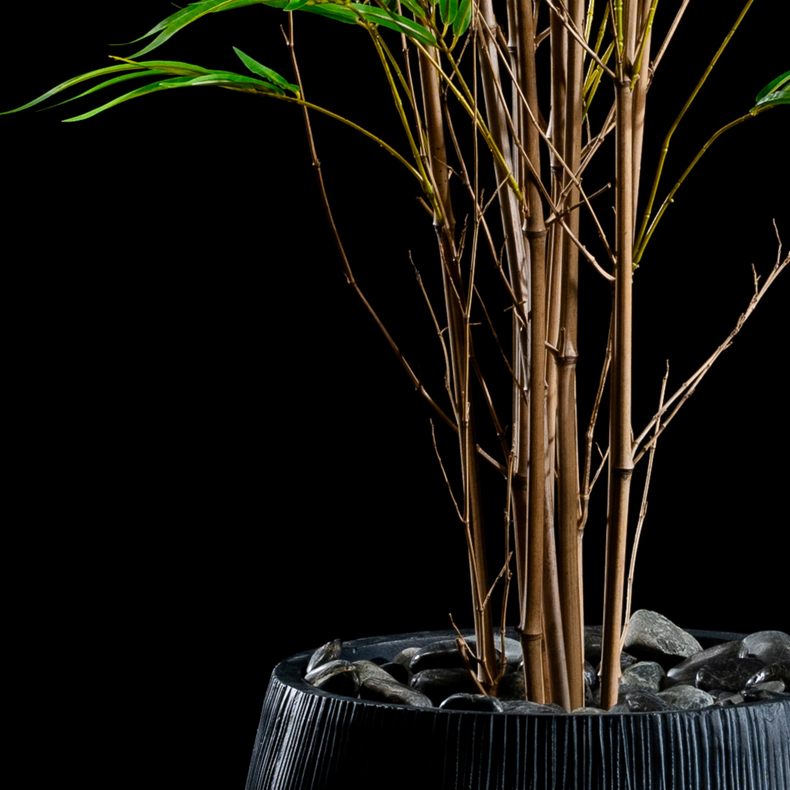 Bambou multi troncs — vue de face, détail feuillage du plante artificielle réaliste