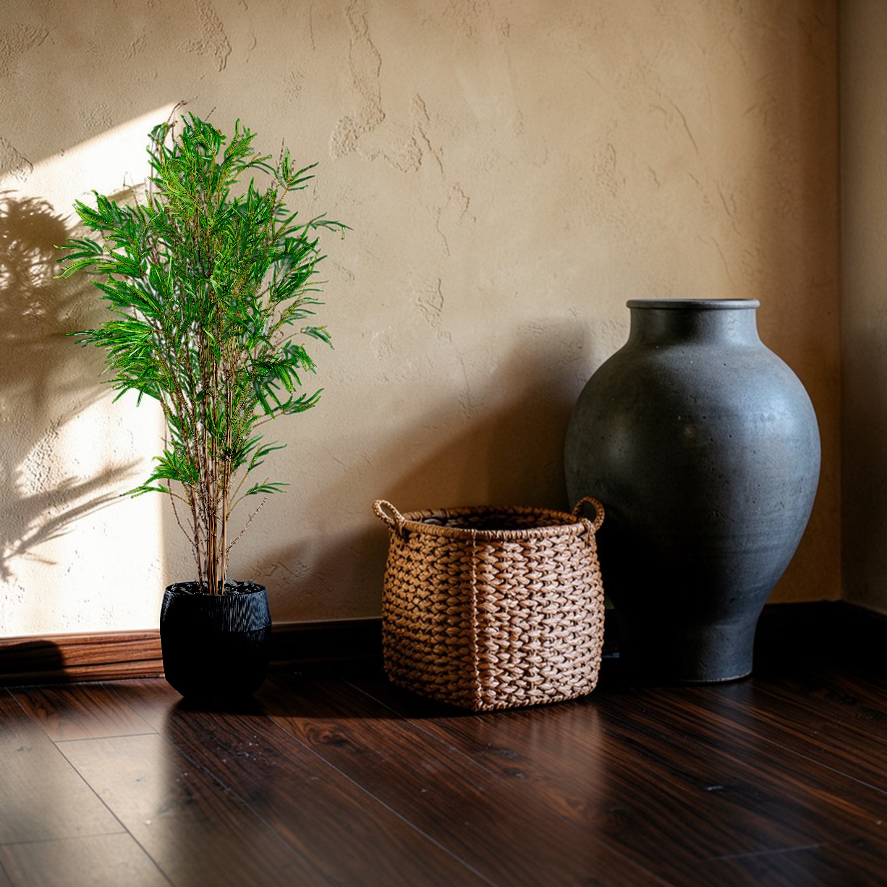 Bambou multi troncs en mise en scène salon — plante artificielle idéal pour décoration intérieure moderne