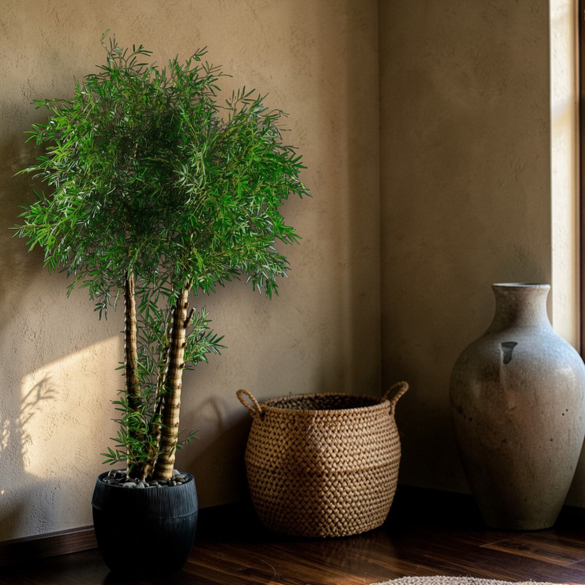 Bambou Verrucosa en mise en scène salon — plante artificielle idéal pour décoration intérieure moderne
