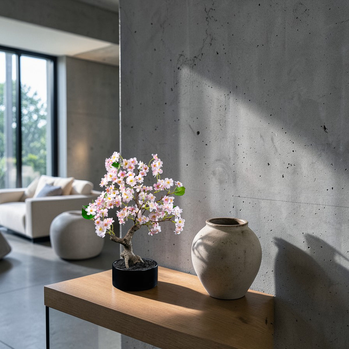 Bonsaï artificiel Cerisier 50 cm en mise en scène salon — décoration intérieure réaliste