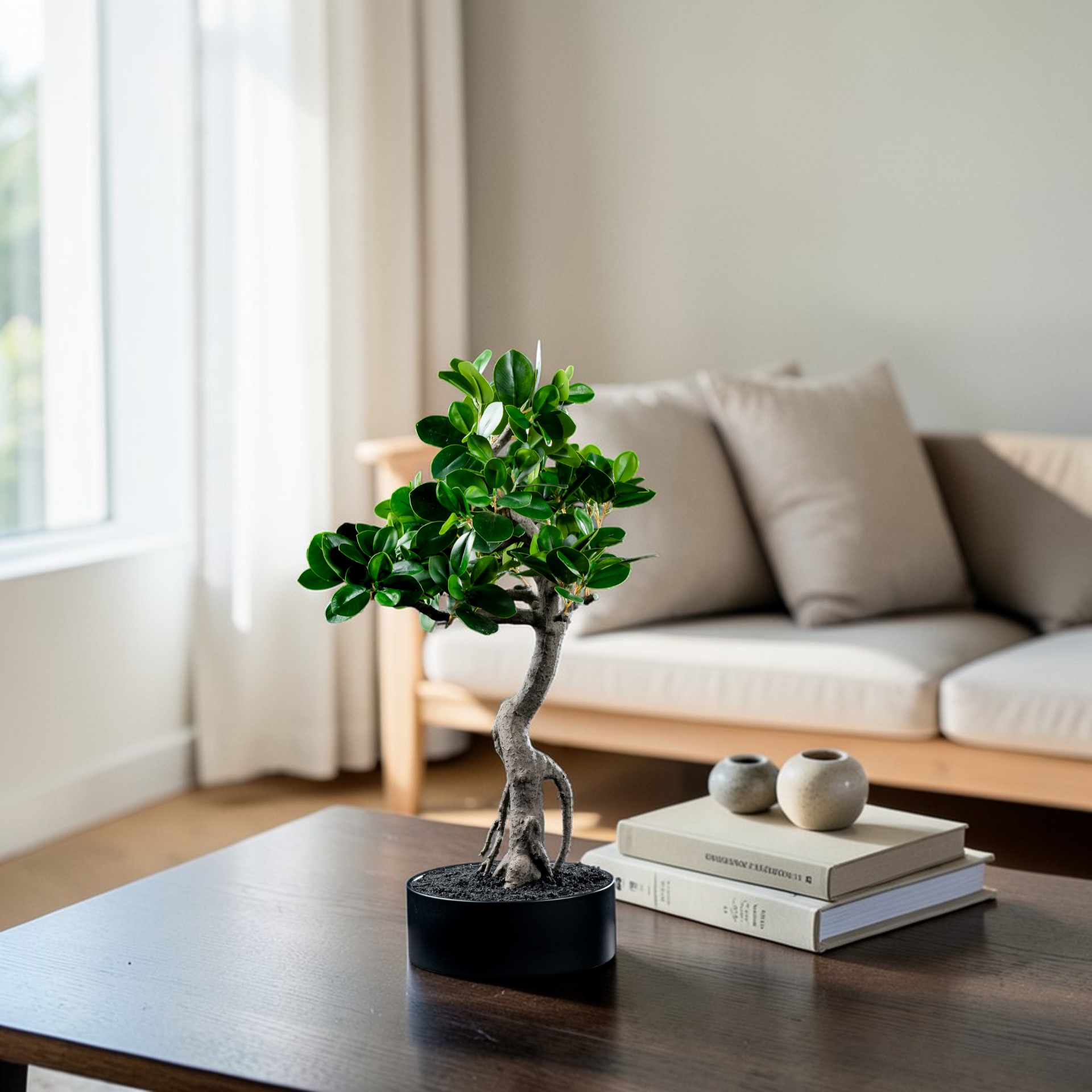 Bonsaï artificiel Japonais Ficus 60 cm en mise en scène salon — décoration intérieure réaliste