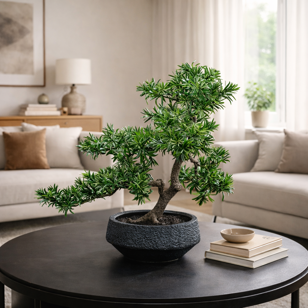 Bonsaï artificiel Podocarpus 65 cm en mise en scène salon — décoration intérieure réaliste