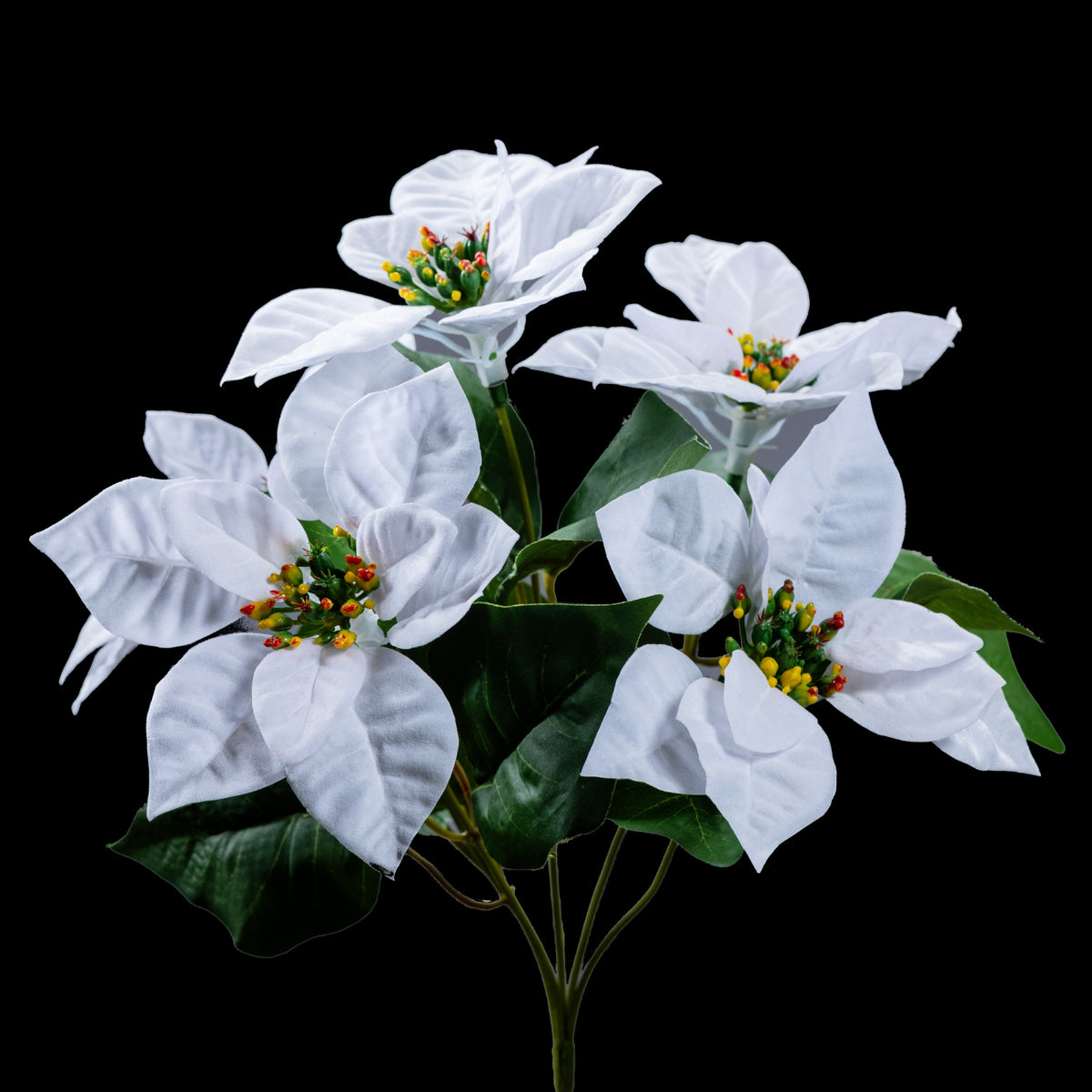 Bouquet d’étoiles de Noël artificielles crème 35 cm, vue d’ensemble des 5 fleurs et du feuillage