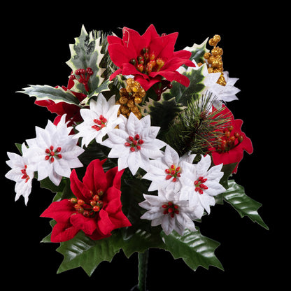 Bouquet d’étoiles de Noël artificielles rouges et blanches 34 cm, vue d’ensemble avec houx et baies
