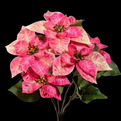 Bouquet d’étoiles de Noël artificielles rose et crème 43 cm, vue d’ensemble des fleurs et du feuillage