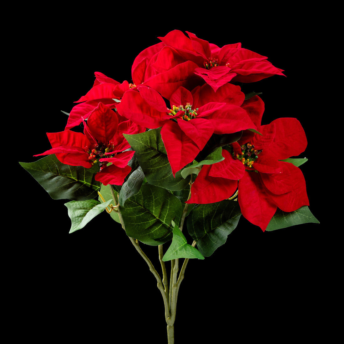Bouquet d’étoiles de Noël artificielles rouges 52 cm, vue d’ensemble des 5 fleurs et du feuillage