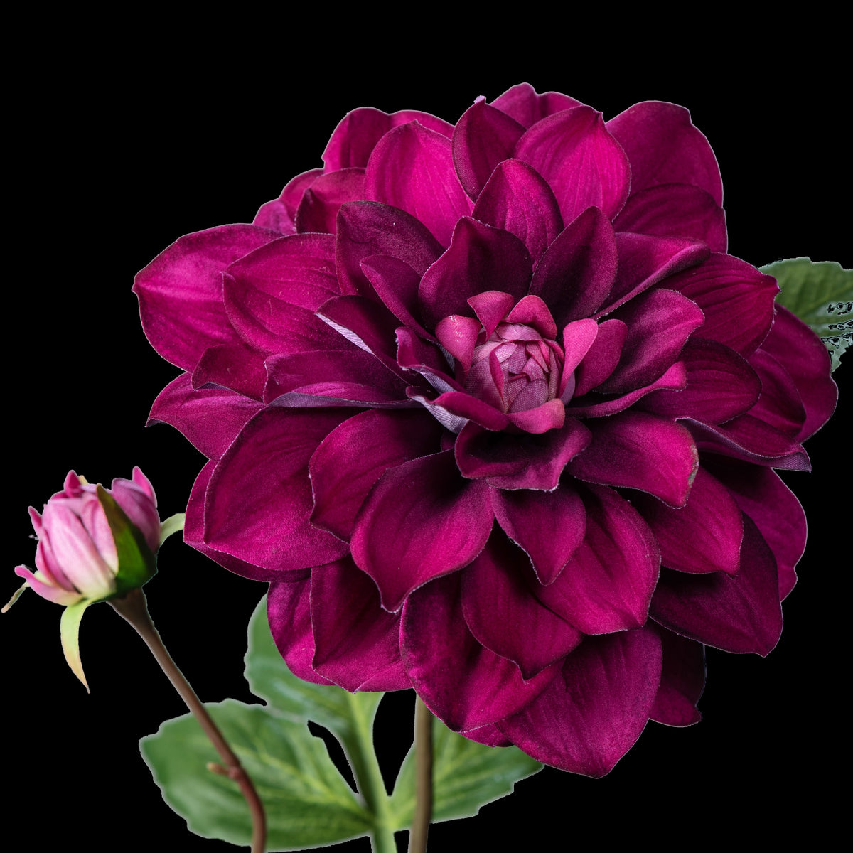 Dahlia artificiel en velours pourpre 70 cm, gros plan sur la fleur prune et le bouton