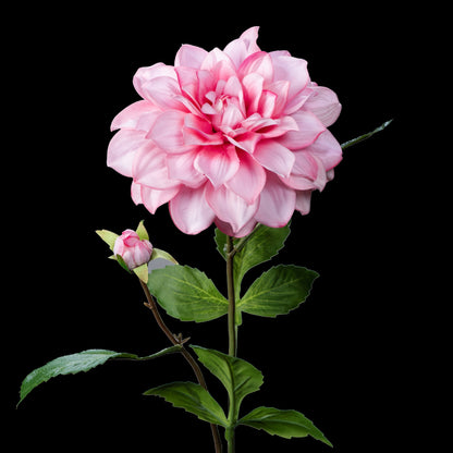 Dahlia artificiel en velours rose 70 cm, tige avec fleur, bouton et feuilles