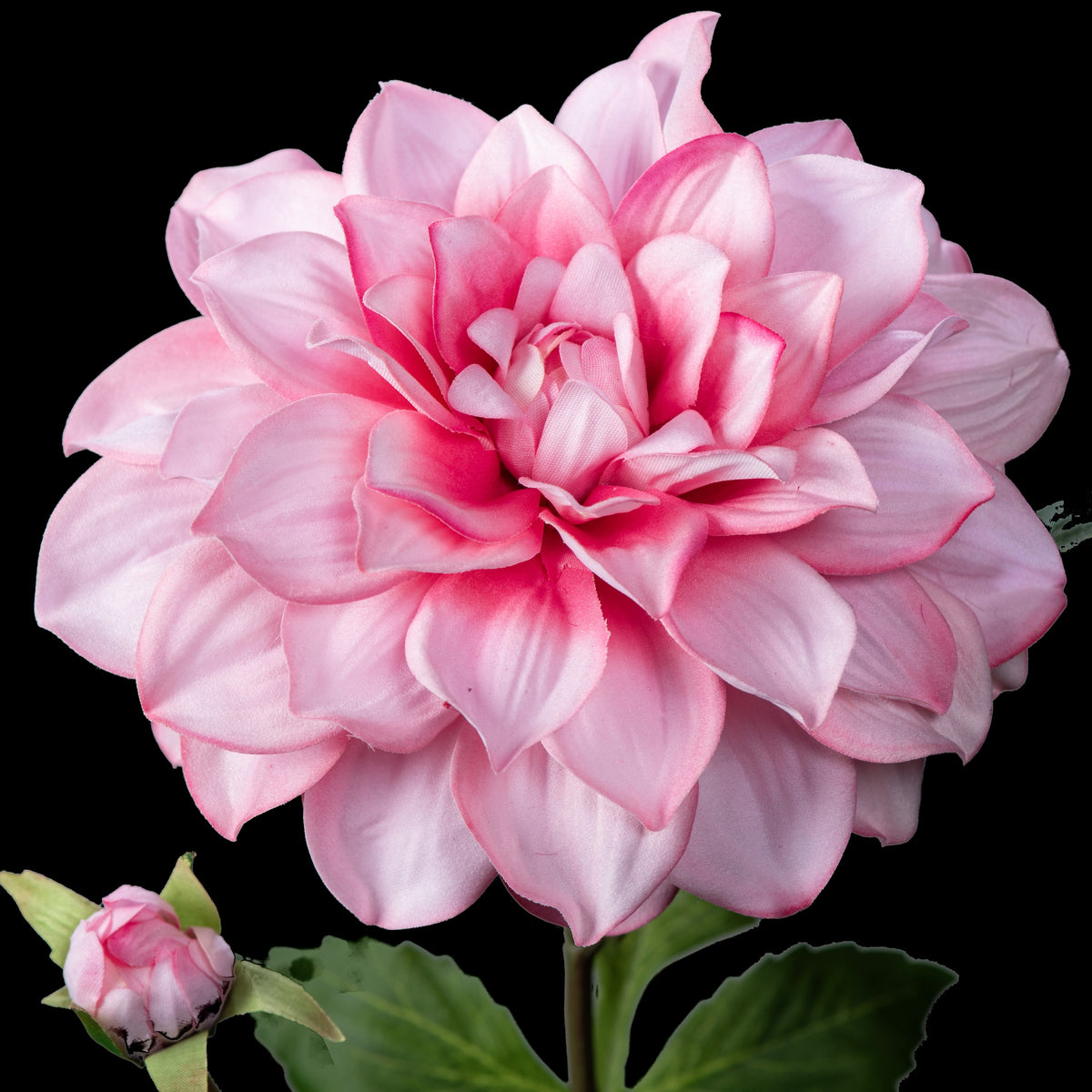 Dahlia artificiel en velours rose 70 cm, gros plan sur la fleur pleine rose pâle