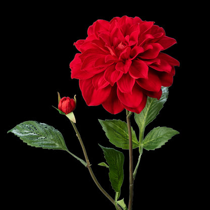 Dahlia artificiel en velours rouge 70 cm, tige avec fleur, bouton et feuillage