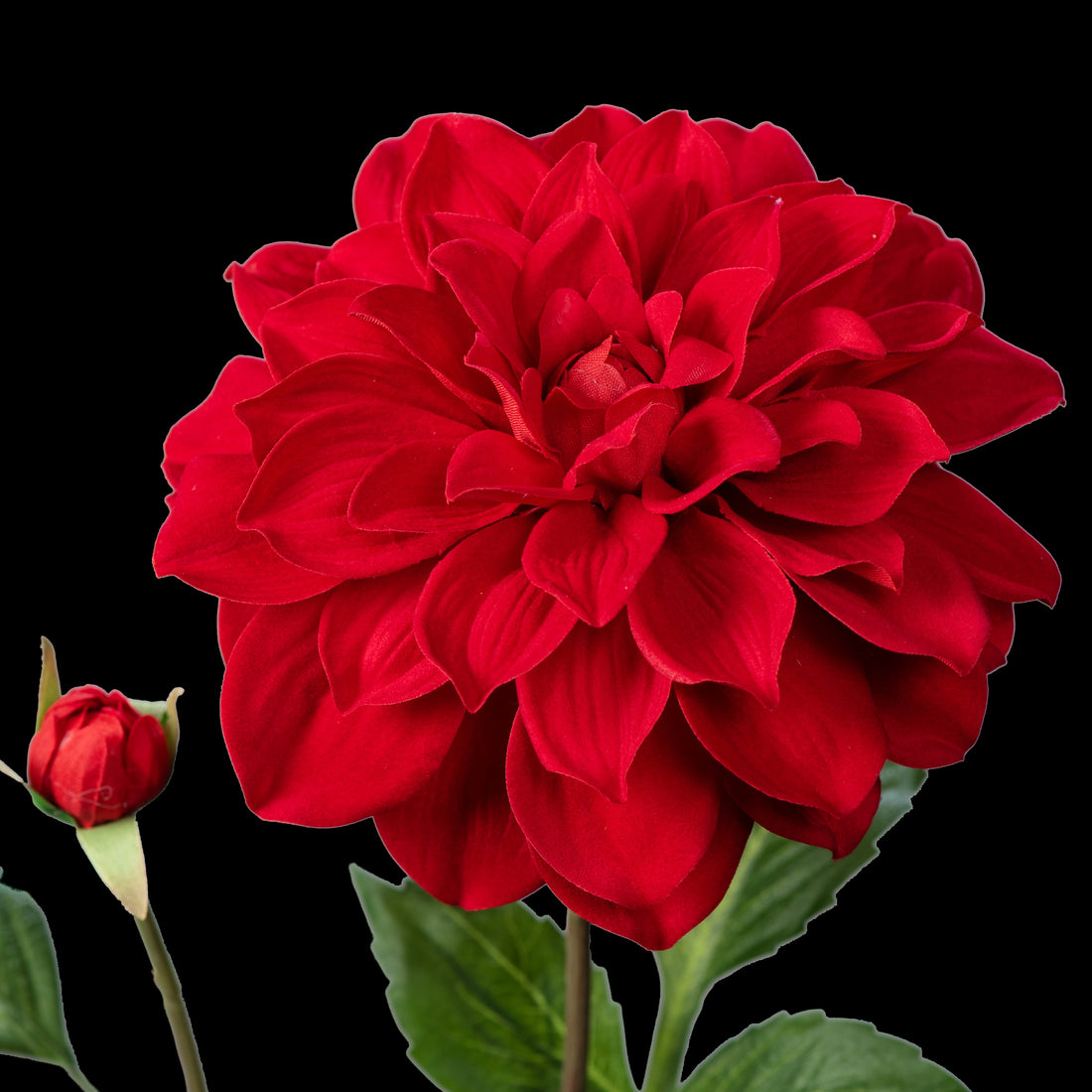 Dahlia artificiel en velours rouge 70 cm, gros plan sur la fleur pleine et le bouton