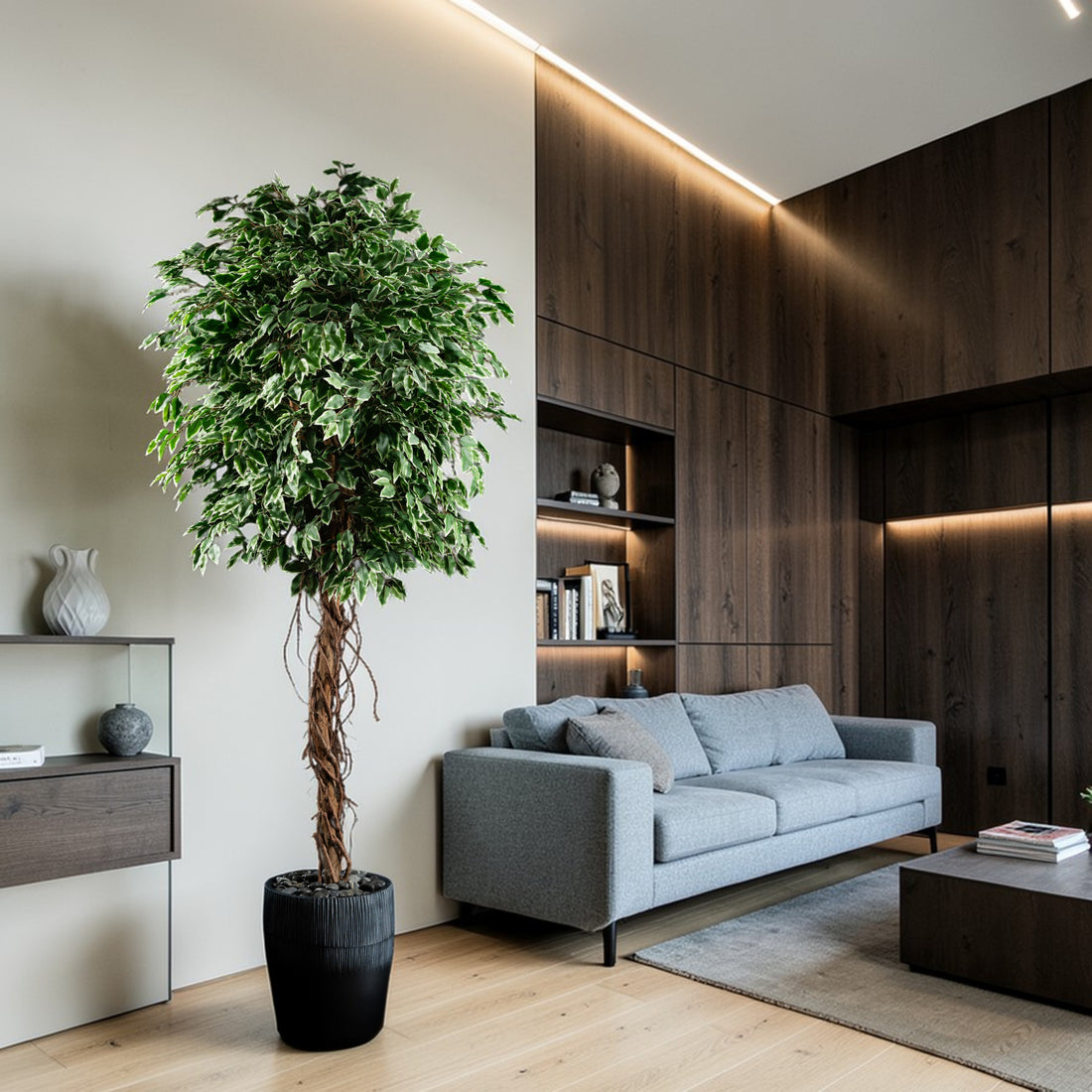 Plante artificielle Ficus Benjamina 240 cm en mise en scène salon — décoration intérieure réaliste