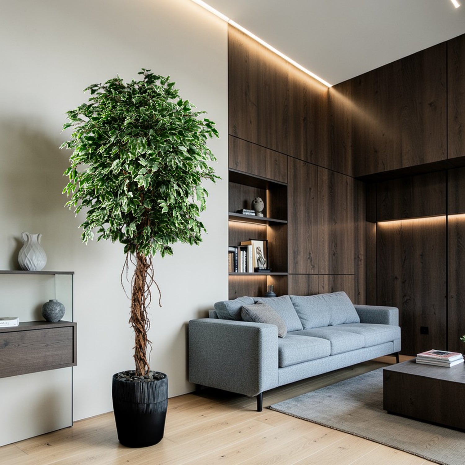 Plante artificielle Ficus Benjamina 240 cm en mise en scène salon — décoration intérieure réaliste