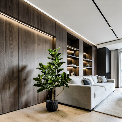 Plante artificielle Ficus Tineke 120 cm en mise en scène salon — décoration intérieure réaliste