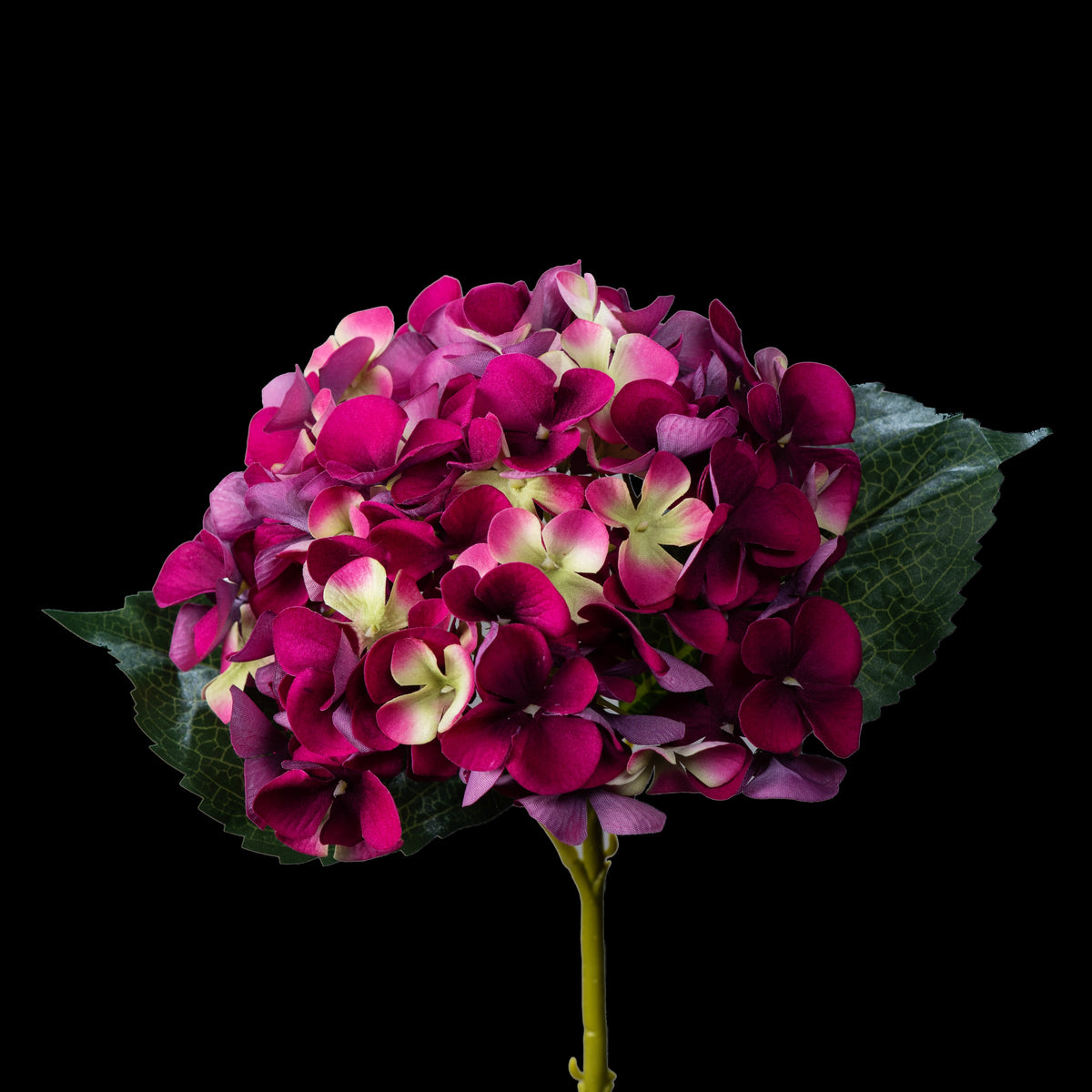 Hortensia artificiel en velours pourpre 46 cm, tête de fleurettes sur deux grandes feuilles