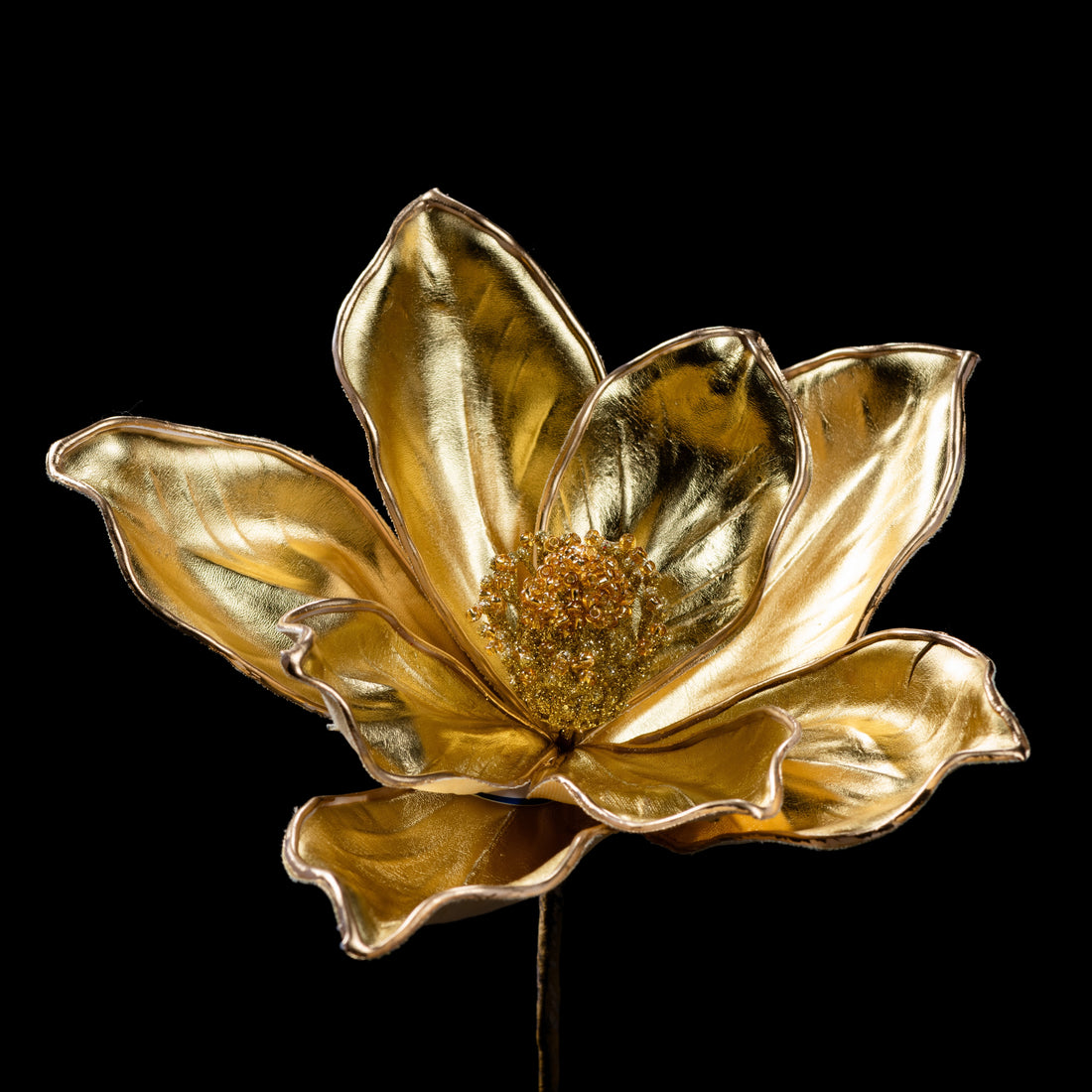 Magnolia artificiel doré métallisé 77 cm, grand modèle, vue de la fleur et de son cœur pailleté
