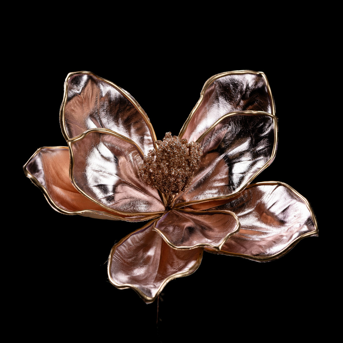 Magnolia artificiel rose et or métallisé 77 cm, grand modèle, fleur ouverte au cœur pailleté