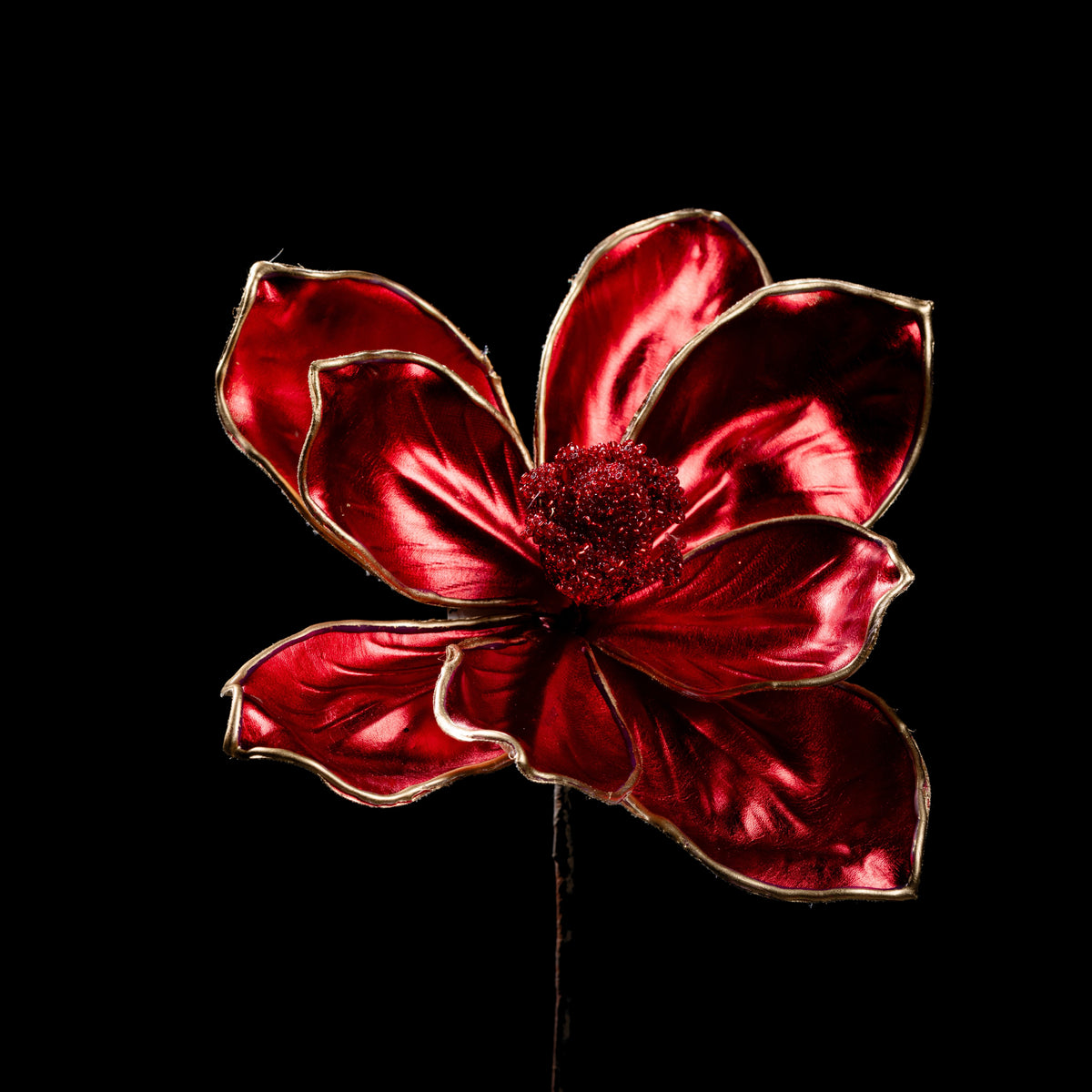 Magnolia artificiel rouge liseré doré 77 cm, grand modèle, fleur ouverte au cœur pailleté rouge