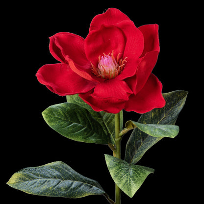 Magnolia artificiel en velours rouge 51 cm, fleur ouverte et grandes feuilles