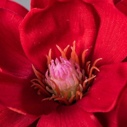 Magnolia artificiel en velours rouge 51 cm, gros plan sur le pistil rose et les étamines